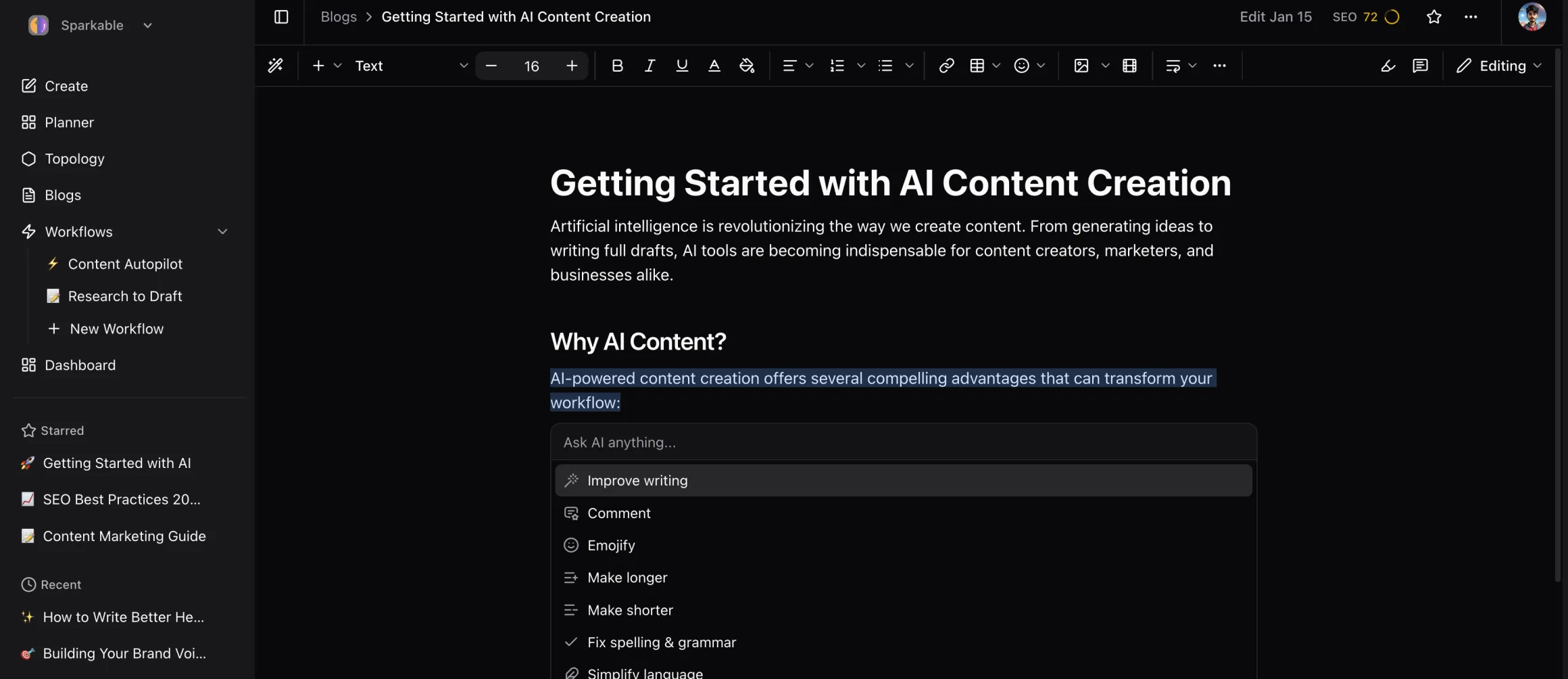 Ask AI menu in the SparkBlog editor