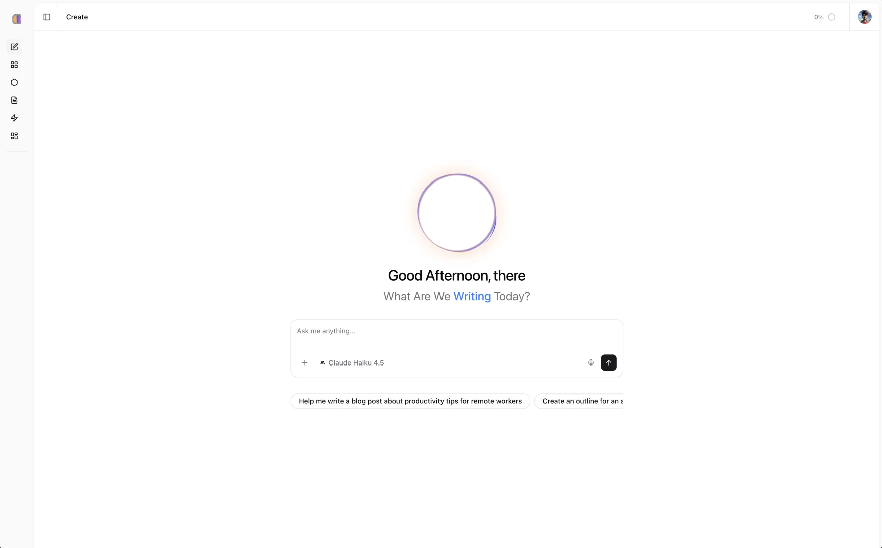 SparkBlog home screen with the Meridian AI chat input